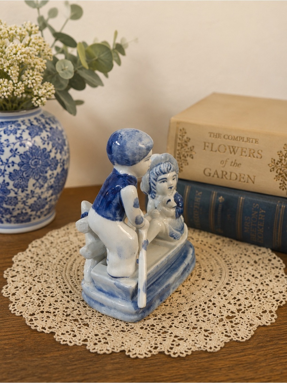 Vintage Blue & White Ceramic Children Figurine Boat Scene - Picture 3 of 5